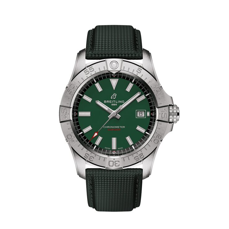 Breitling horloge met een kast in staal, met een wijzerplaat in het groen en een diameter van 42 mm