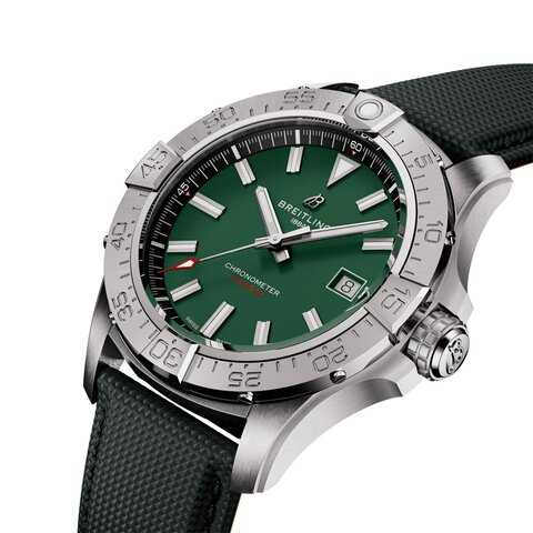 Breitling horloge met een kast in staal, met een wijzerplaat in het groen en een diameter van 42 mm