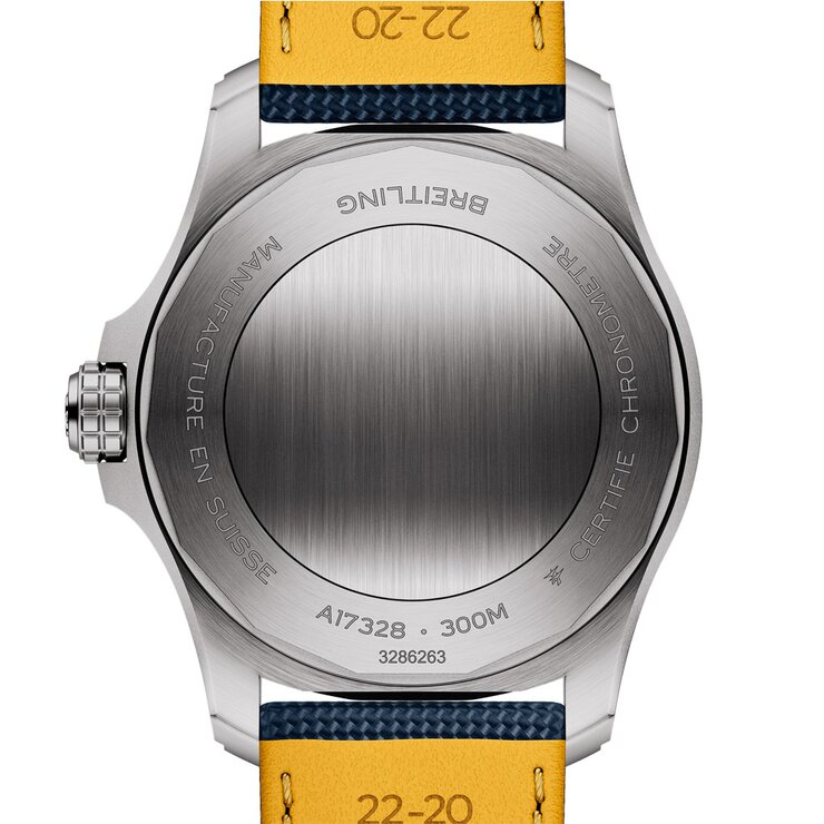 Breitling horloge met een kast in staal, met een wijzerplaat in het blauw en een diameter van 42 mm