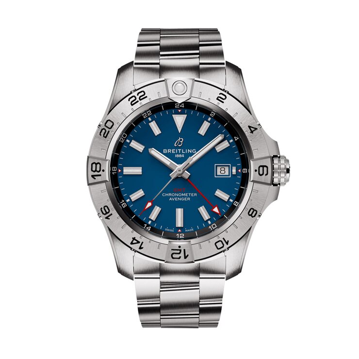 Breitling horloge met een kast in staal, met een wijzerplaat in het blauw en een diameter van 44 mm