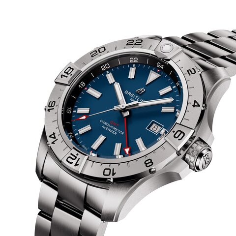 Breitling horloge met een kast in staal, met een wijzerplaat in het blauw en een diameter van 44 mm
