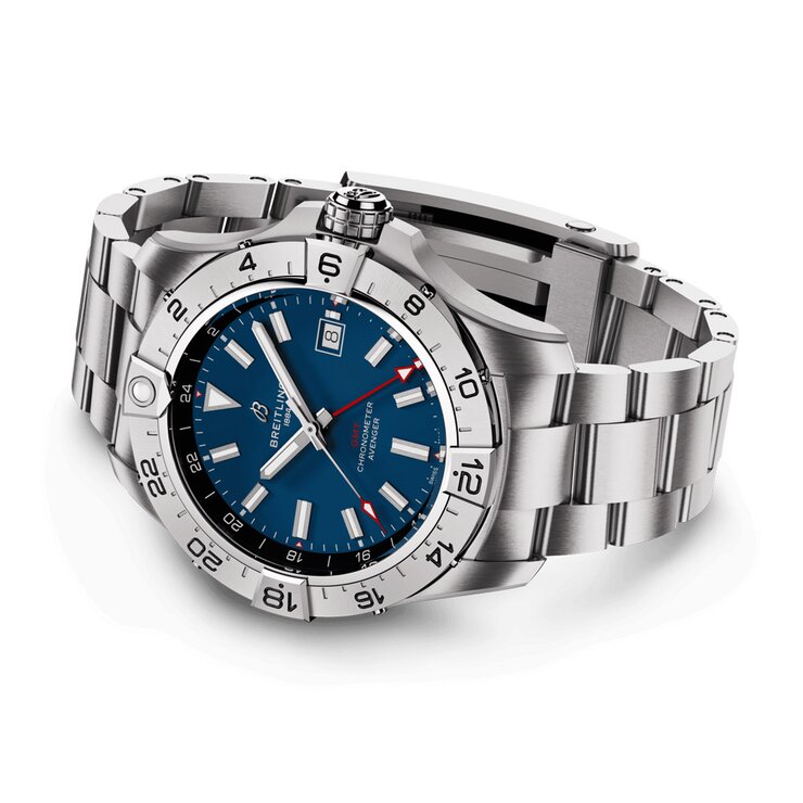 Breitling horloge met een kast in staal, met een wijzerplaat in het blauw en een diameter van 44