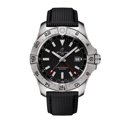 Breitling horloge met een kast in staal, met een wijzerplaat in het zwart en een diameter van 44 mm