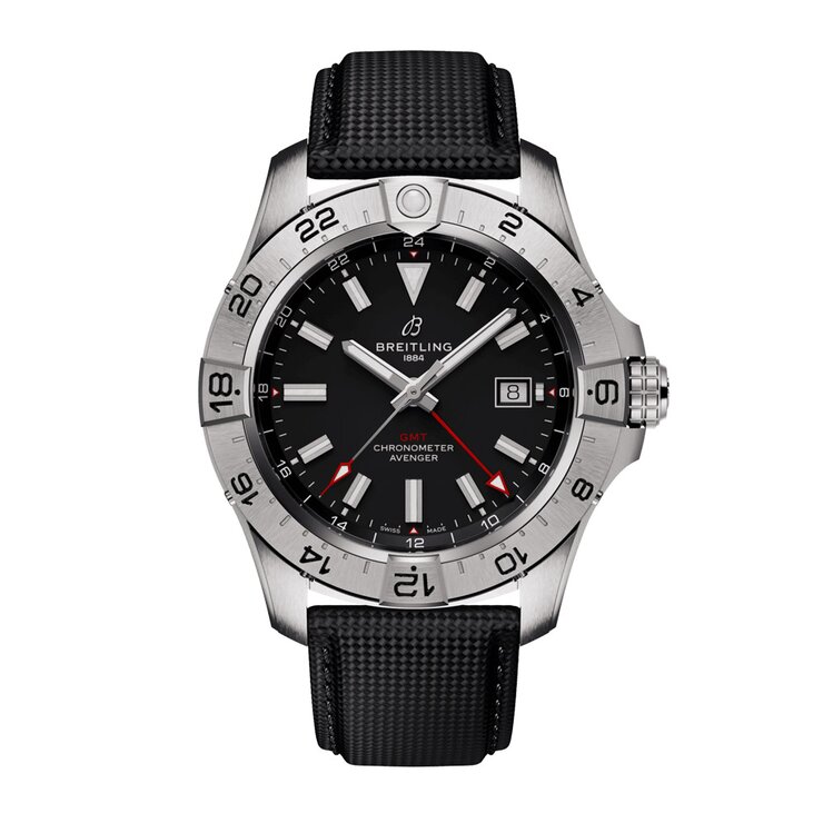 Breitling horloge met een kast in staal, met een wijzerplaat in het zwart en een diameter van 44