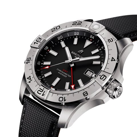 Breitling horloge met een kast in staal, met een wijzerplaat in het zwart en een diameter van 44 mm