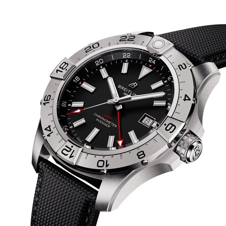 Breitling horloge met een kast in staal, met een wijzerplaat in het zwart en een diameter van 44