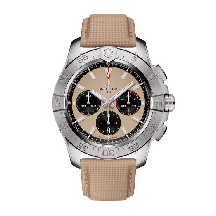 Breitling horloge met een kast in staal, met een wijzerplaat in het beige en een diameter van 44