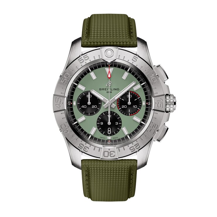Breitling horloge met een kast in staal, met een wijzerplaat in het groen en een diameter van 44