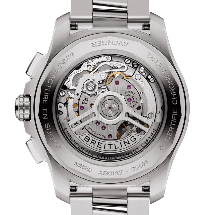 Breitling horloge met een kast in staal, met een wijzerplaat in het blauw en een diameter van 44 mm