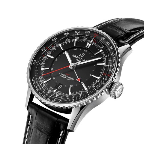 Breitling horloge met een kast in staal, met een wijzerplaat in het zwart en een diameter van 41 mm