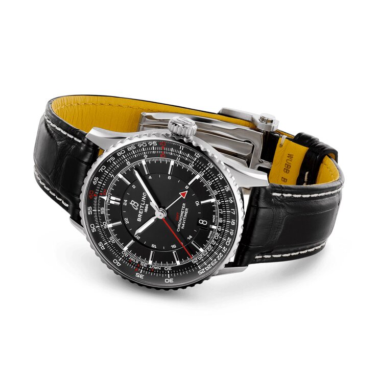 Breitling horloge met een kast in staal, met een wijzerplaat in het zwart en een diameter van 41 mm