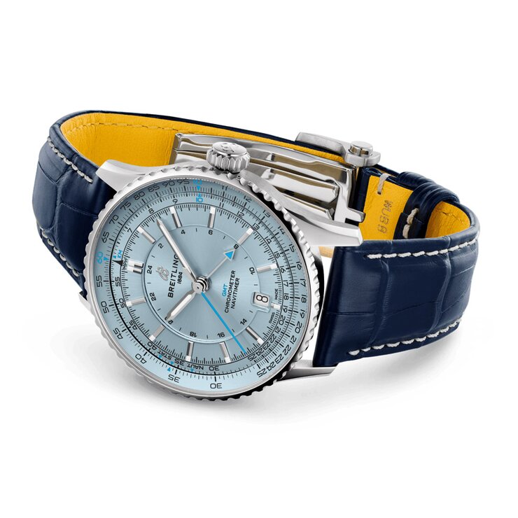 Breitling horloge met een kast in staal, met een wijzerplaat in het blauw en een diameter van 41 mm