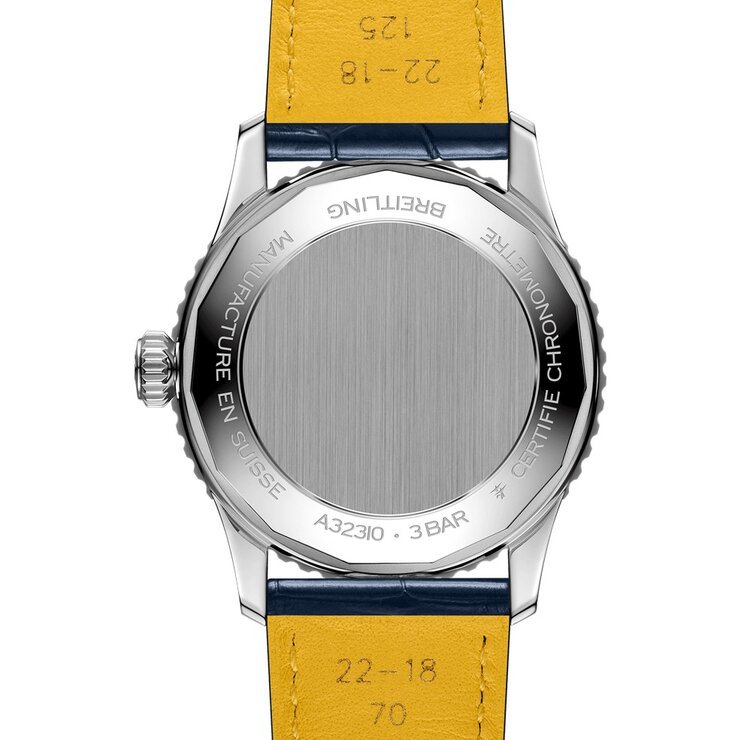 Breitling horloge met een kast in staal, met een wijzerplaat in het blauw en een diameter van 41 mm