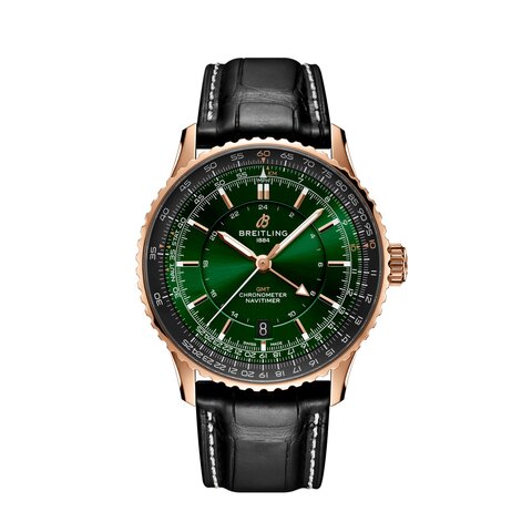Breitling horloge met een kast in rosé goud, met een wijzerplaat in het groen en een diameter van 41 mm