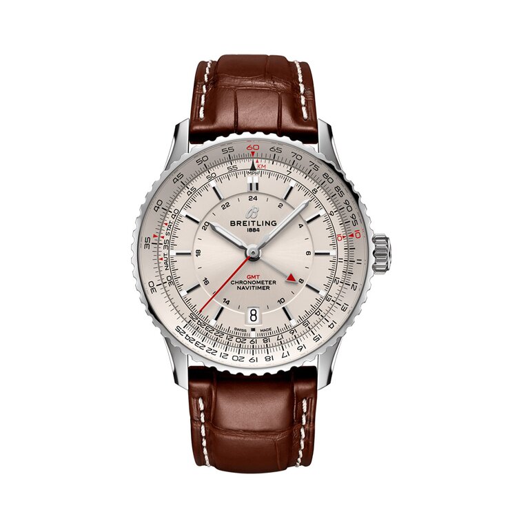 montre Breitling avec un boîtier en acier, un cadran argent et un diamètre de 41