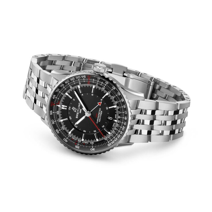 Breitling horloge met een kast in staal, met een wijzerplaat in het zwart en een diameter van 41 mm