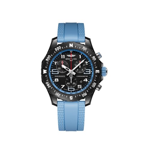 Breitling horloge met een kast in breitlight, met een wijzerplaat in het zwart en een diameter van 38 mm