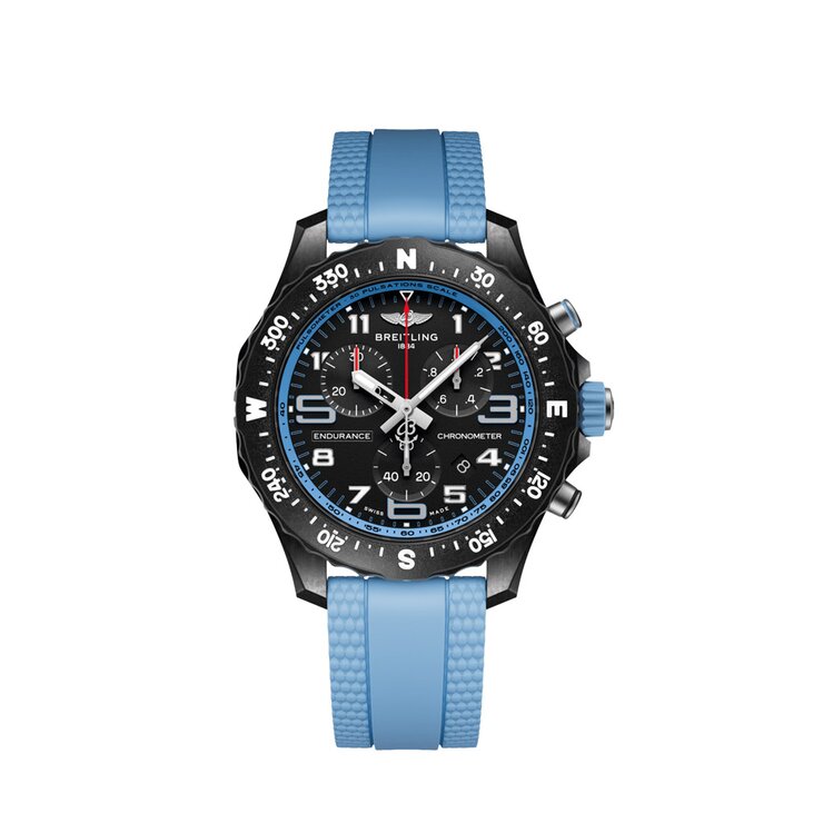 Breitling horloge met een kast in breitlight, met een wijzerplaat in het zwart en een diameter van 38