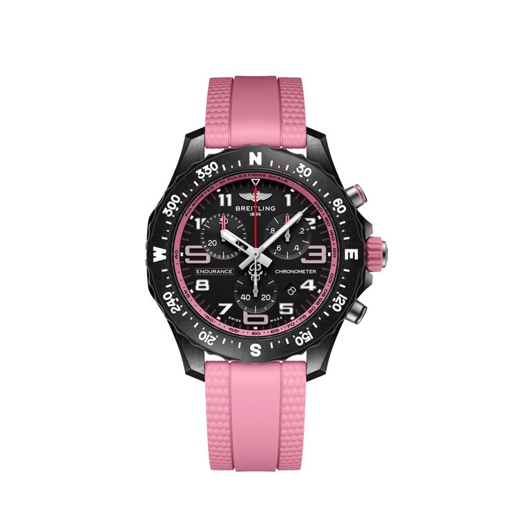 Breitling horloge met een kast in breitlight, met een wijzerplaat in het zwart en een diameter van 38