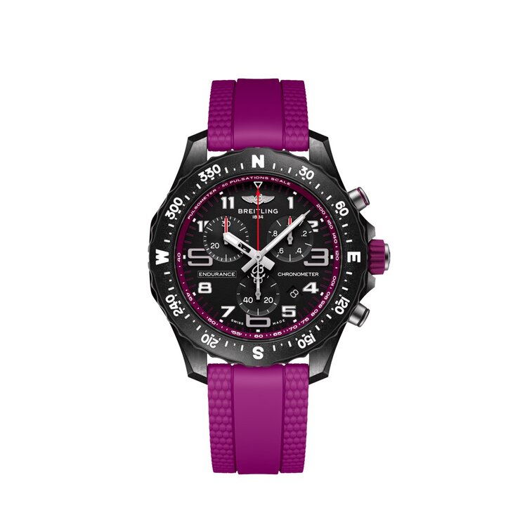 Breitling horloge met een kast in breitlight, met een wijzerplaat in het zwart en een diameter van 38 mm