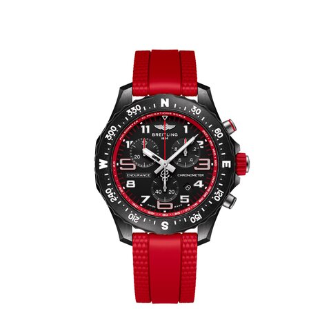 Breitling horloge met een kast in breitlight, met een wijzerplaat in het zwart en een diameter van 38 mm