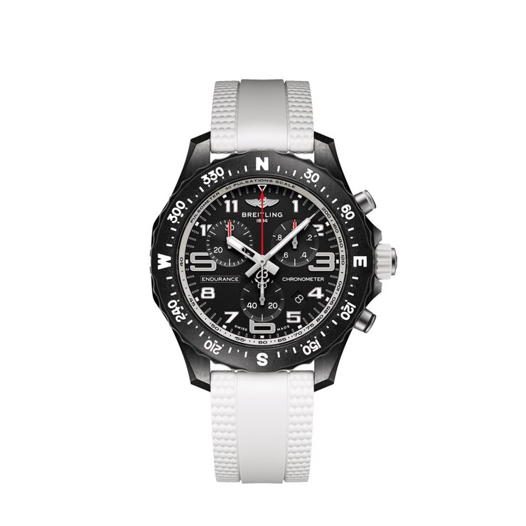Breitling horloge met een kast in breitlight, met een wijzerplaat in het zwart en een diameter van 38 mm