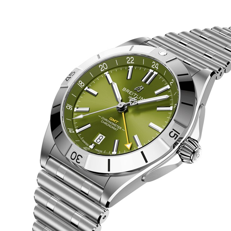 Breitling horloge met een kast in staal, met een wijzerplaat in het groen en een diameter van 40