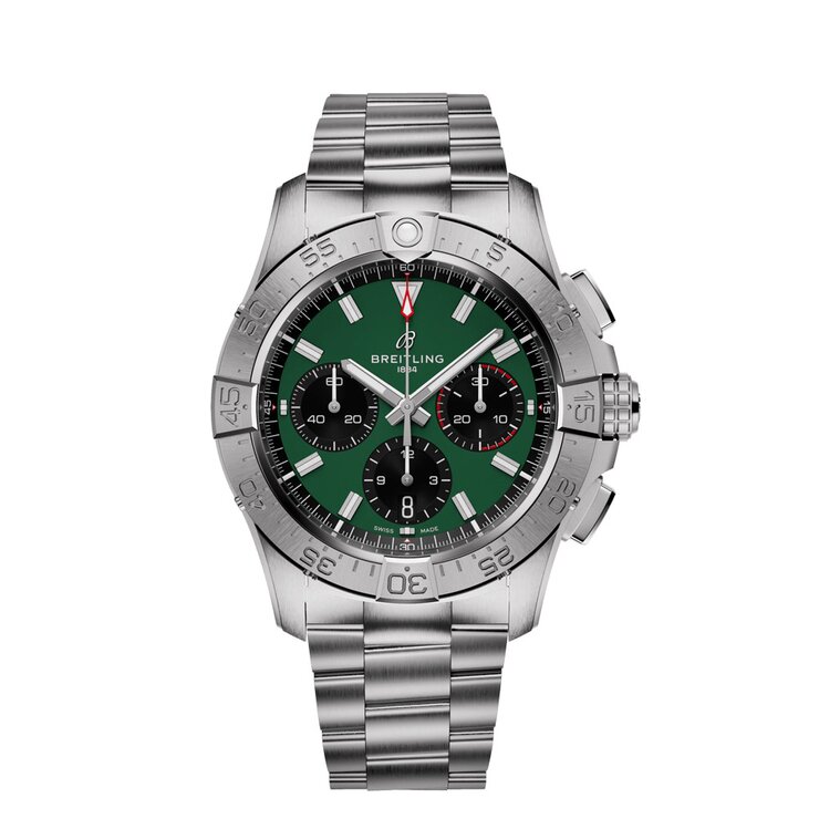 Breitling horloge met een kast in staal, met een wijzerplaat in het groen en een diameter van 42