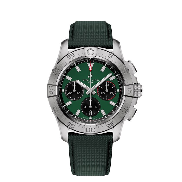 Breitling horloge met een kast in staal, met een wijzerplaat in het groen en een diameter van 42