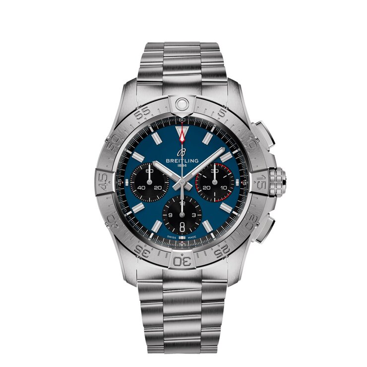 Breitling horloge met een kast in staal, met een wijzerplaat in het blauw en een diameter van 42