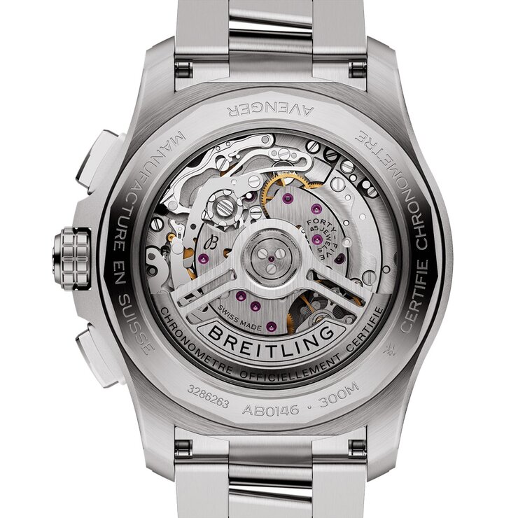 Breitling horloge met een kast in staal, met een wijzerplaat in het blauw en een diameter van 42 mm