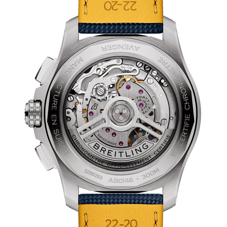 Breitling horloge met een kast in staal, met een wijzerplaat in het blauw en een diameter van 42 mm