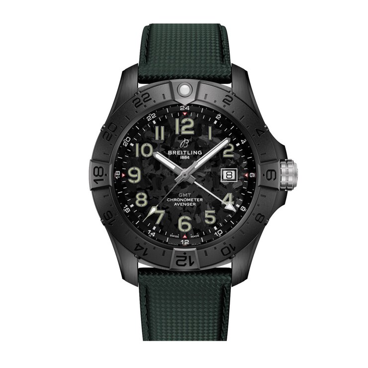 Breitling horloge met een kast in keramiek, met een wijzerplaat in het zwart en een diameter van 44