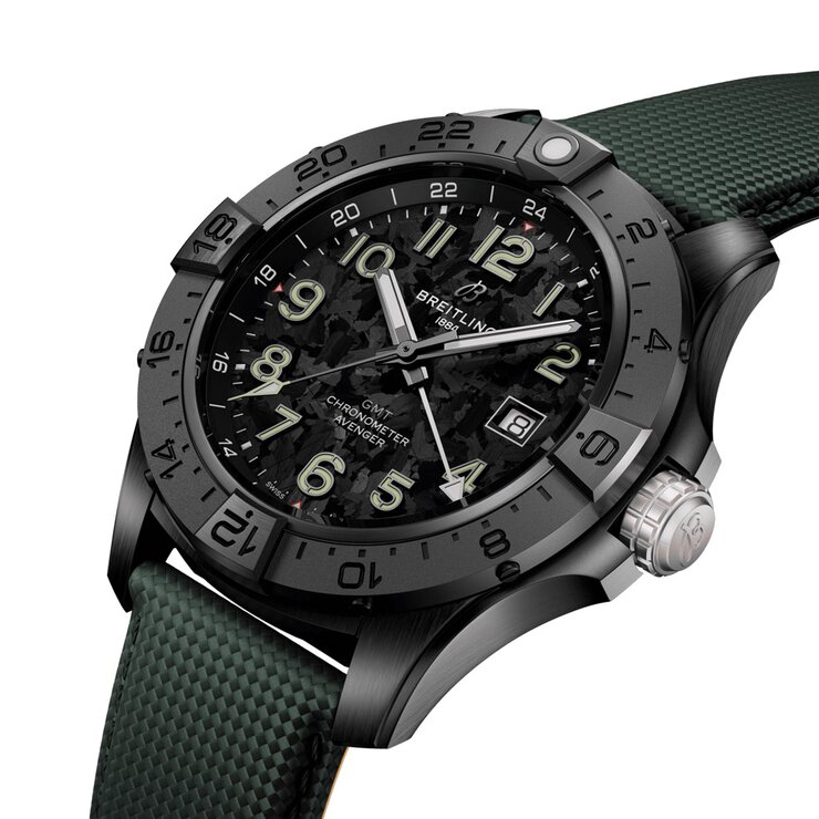 Breitling horloge met een kast in keramiek, met een wijzerplaat in het zwart en een diameter van 44