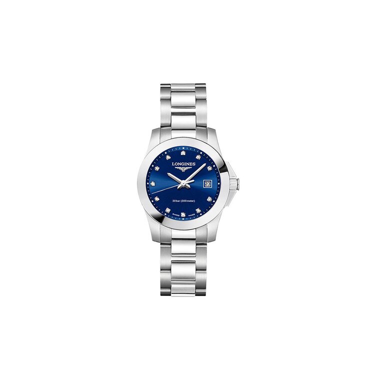 Longines horloge met een kast in staal, met een wijzerplaat in het blauw met briljant en een diameter van 29,5