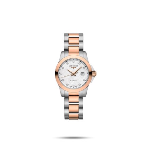 Longines horloge met een kast in rosé pvd-coating op staal, met een wijzerplaat in het parelmoer met  briljant en een diameter van 29.5 mm