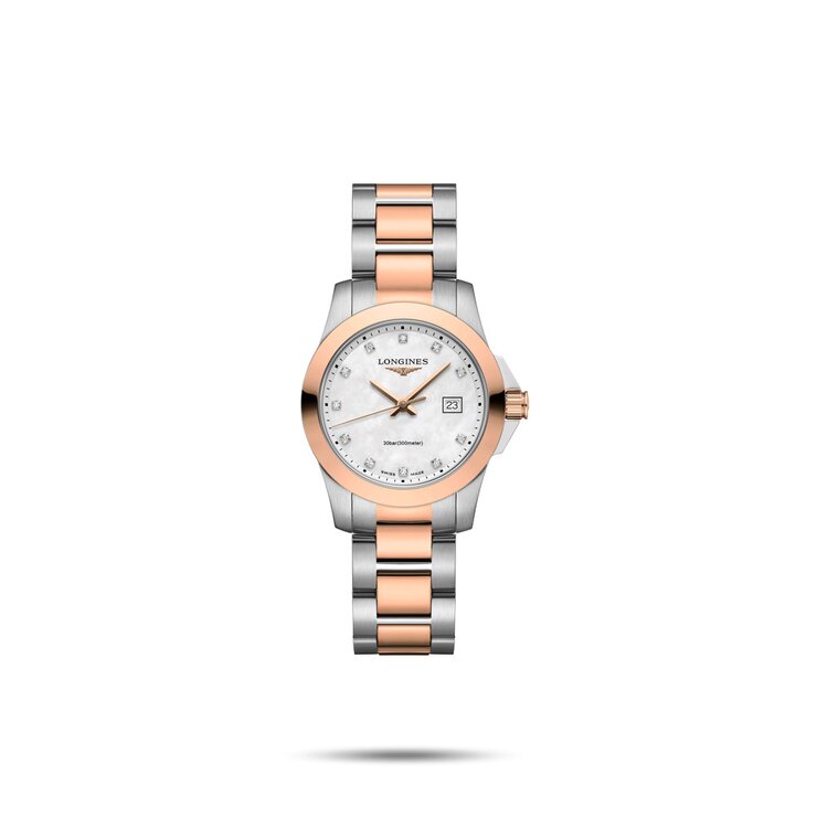 Longines horloge met een kast in rosé pvd-coating op staal, met een wijzerplaat in het parelmoer met  briljant en een diameter van 29.5 mm