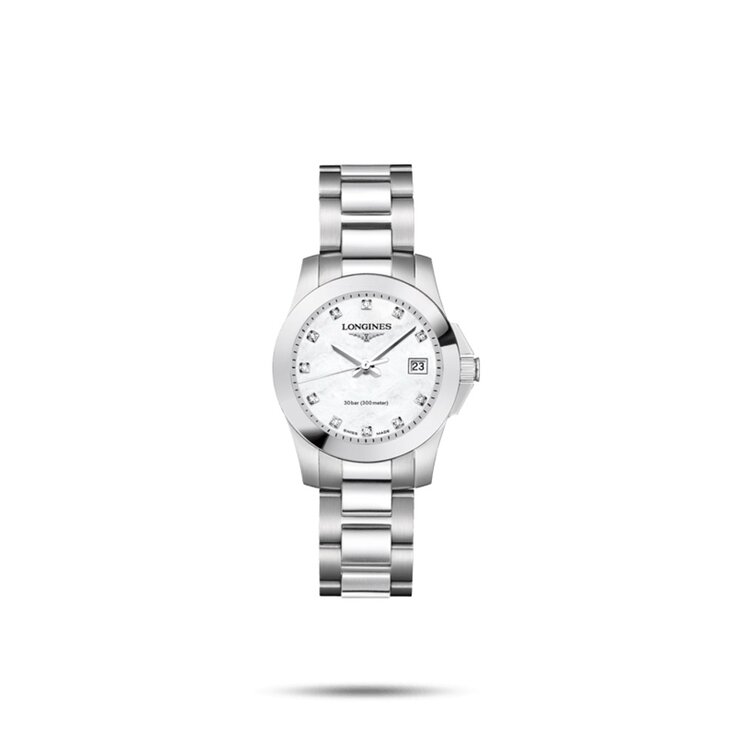 Longines horloge met een kast in staal, met een wijzerplaat in het parelmoer met  briljant en een diameter van 29,5