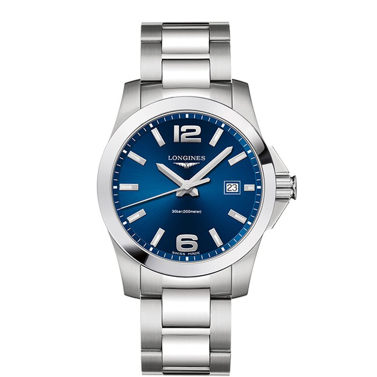 Longines horloge met een kast in staal, met een wijzerplaat in het blauw en een diameter van 41