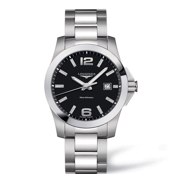 Longines horloge met een kast in staal, met een wijzerplaat in het zwart en een diameter van 41