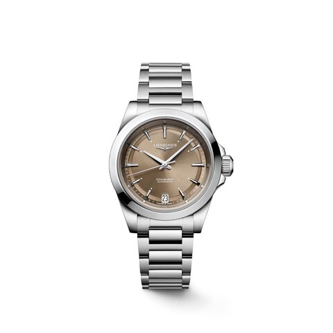 Longines horloge met een kast in staal, met een wijzerplaat in het bruin en een diameter van 34 mm