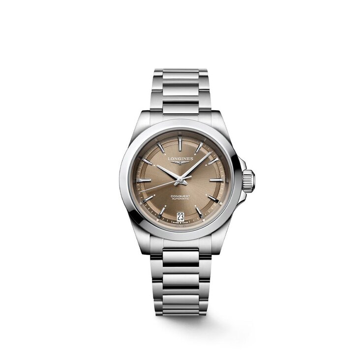 Longines horloge met een kast in staal, met een wijzerplaat in het bruin en een diameter van 34 mm