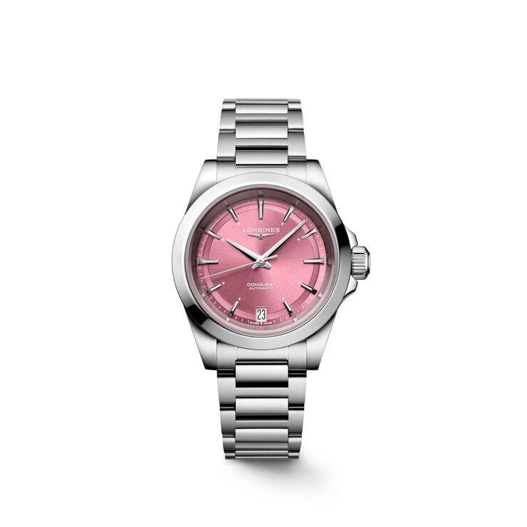 Longines horloge met een kast in staal, met een wijzerplaat in het roze en een diameter van 34