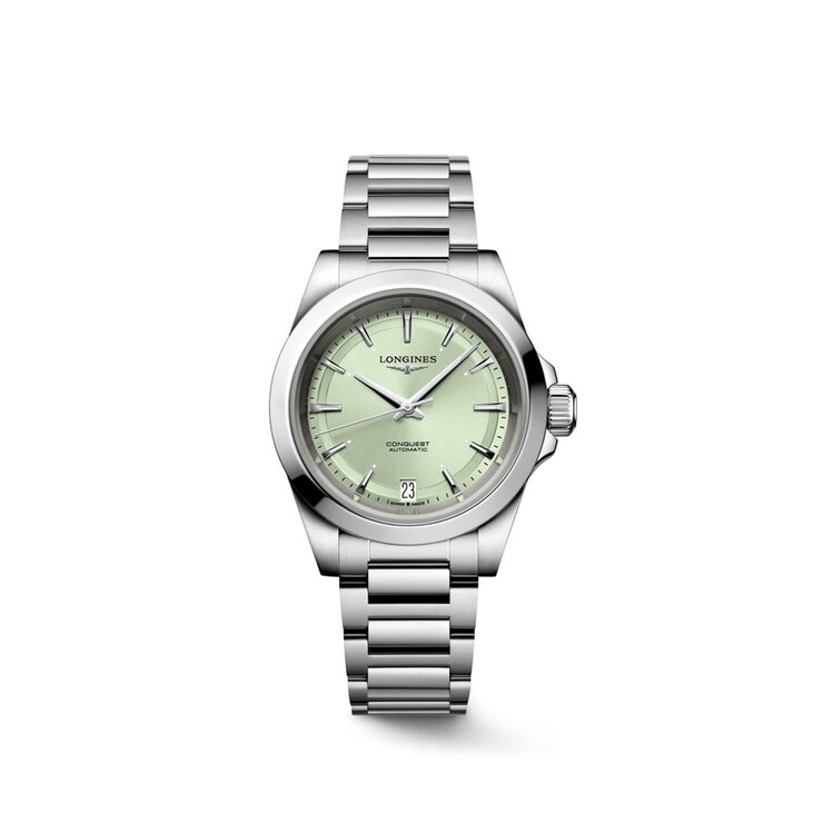Longines horloge met een kast in staal, met een wijzerplaat in het groen en een diameter van 34 mm