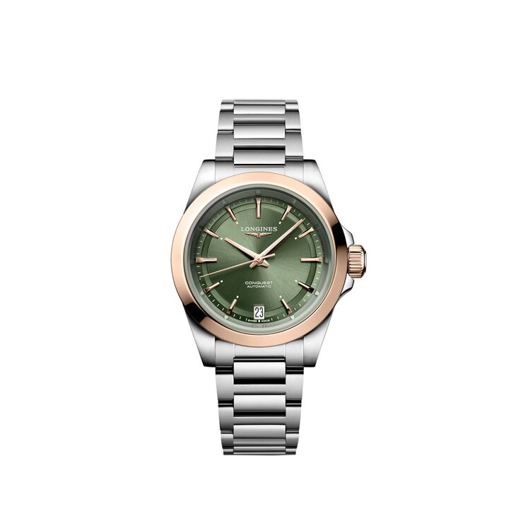 montre Longines avec un boîtier en or rose sur acier, un cadran vert et un diamètre de 34