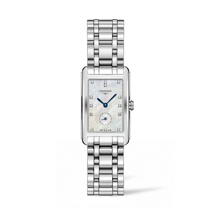Longines horloge met een kast in staal, met een wijzerplaat in het parelmoer met  briljant en een diameter van 23,3 x 37