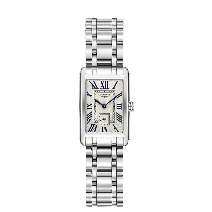 Longines horloge met een kast in staal, met een wijzerplaat in het wit en een diameter van 20,8 x 32