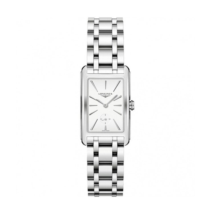 Longines horloge met een kast in staal, met een wijzerplaat in het wit en een diameter van 23,3 x 37