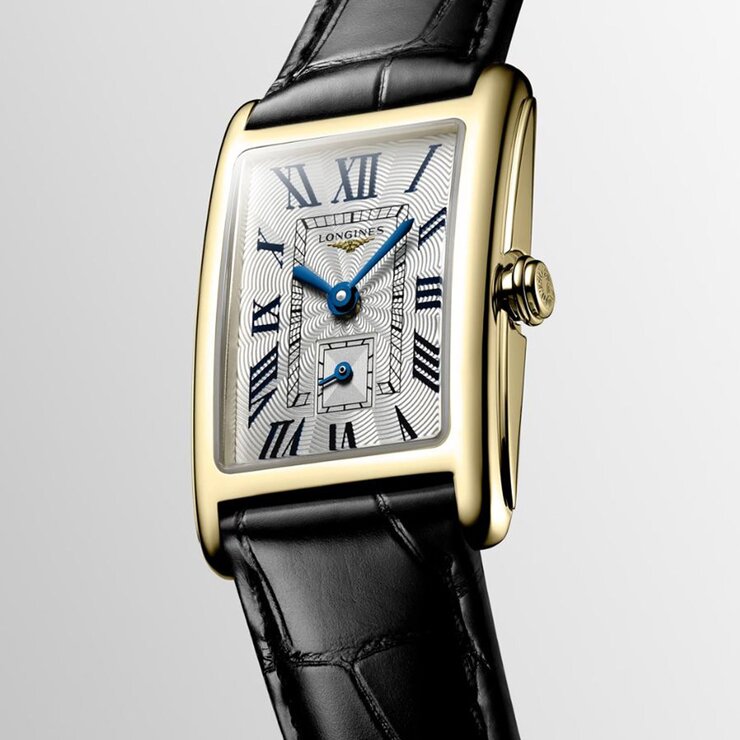 Longines horloge met een kast in geel goud en een wijzerplaat in het zilver