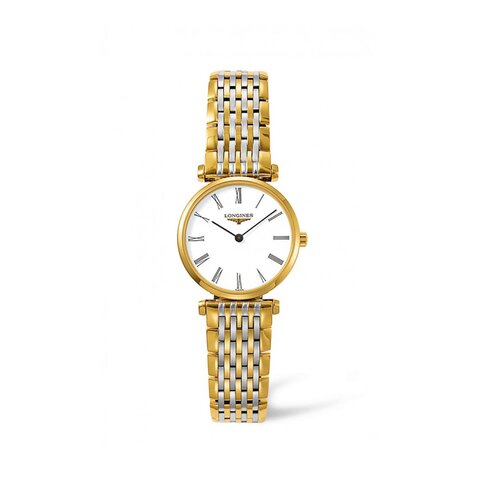 Longines horloge met een kast in gele pvd-coating, met een wijzerplaat in het wit en een diameter van 24 mm